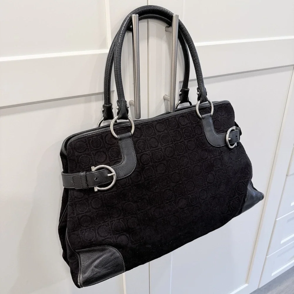 Salvatore Ferragamo Gancini Monogram Black Suede Leather Satchel Bag Vintage